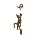 Gato oxidado con mariposa | Estaca de metal para jardín